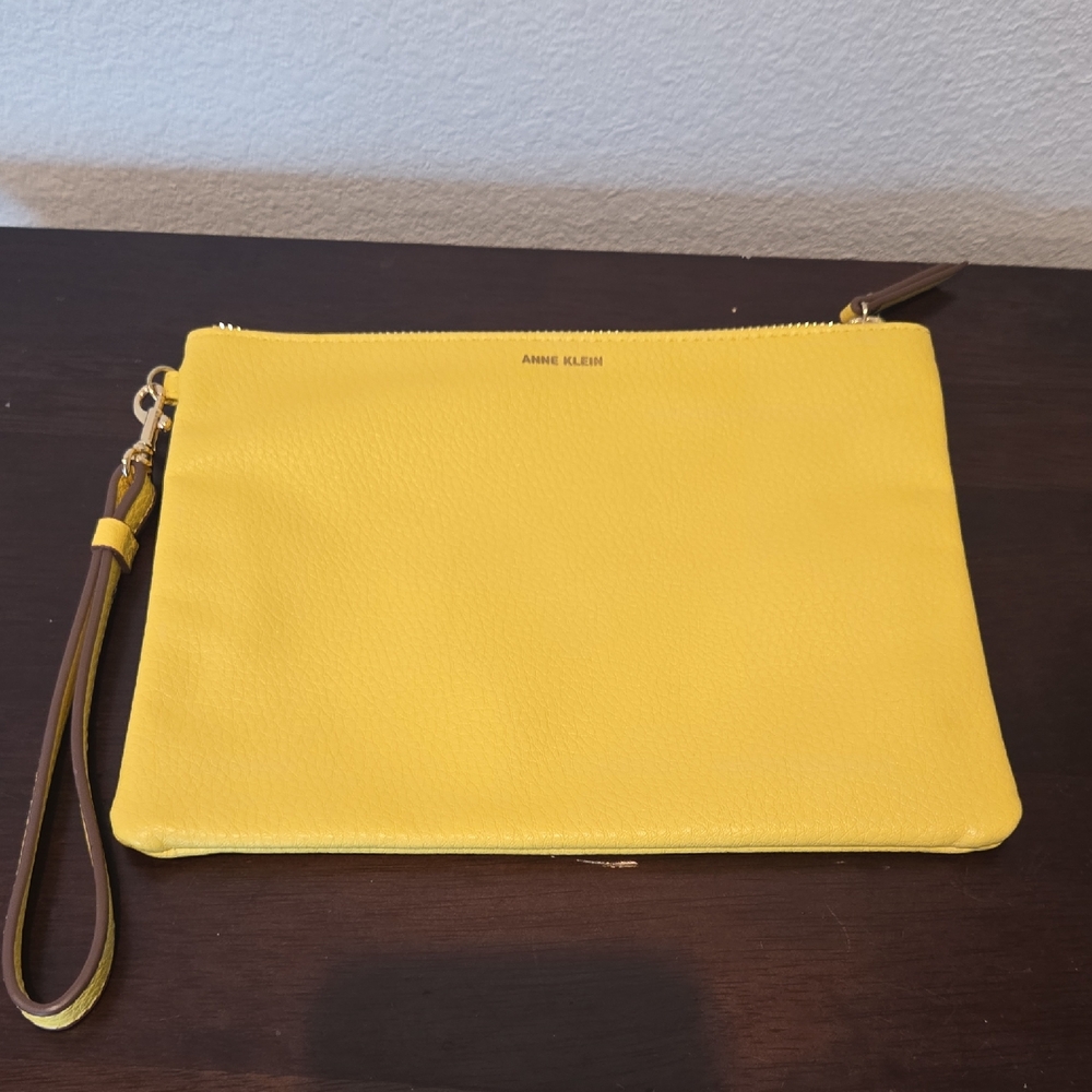 Anne Klein Bright Yellow Leather Wristlet Clutch with Detachable Strap
